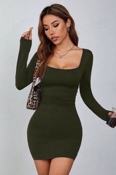 Haki Kare Yaka Uzun Kollu Likralı Mini Elbise