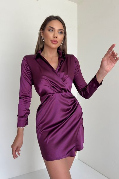 Mürdüm Saten Vatkalı Gömlek Mini Abiye Elbise