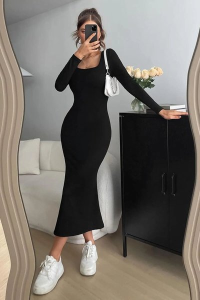 Black Square Neck Long Sleeve Stretch Dress