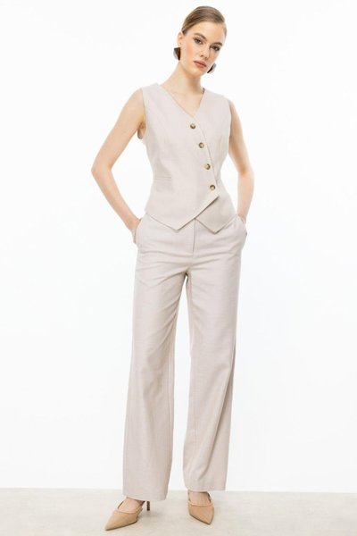 Bej Boru Paça Yandan Cepli Pantolon