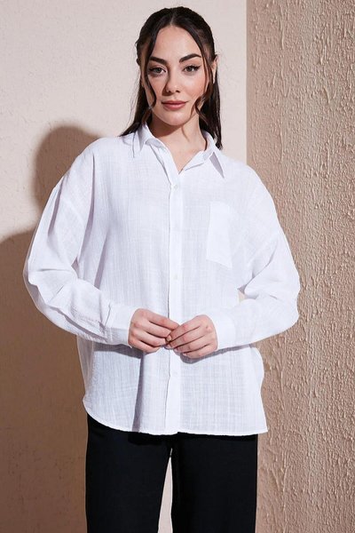 White Long Sleeve Shirt with Pockets