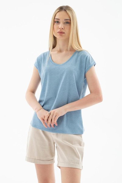 Mavi Sıfır Yaka Kısa Kollu Bluz