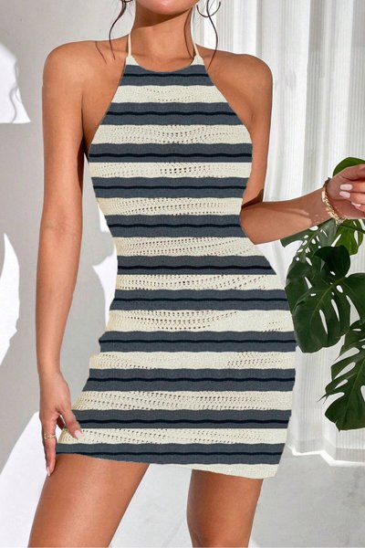 Colorful Striped Patterned Summer Soft Knit Open Back Dress