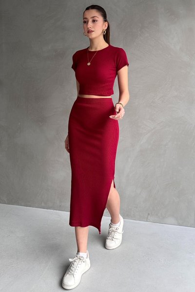 Bordo Bisiklet Yaka Yırtmaçlı Kaşkorse İkili Takım