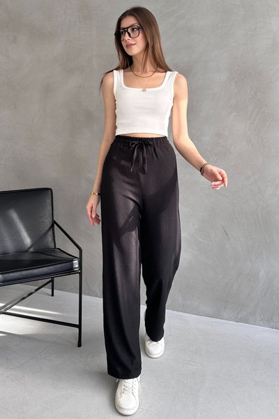 Black Wrinkle High Waist Elastic Trousers