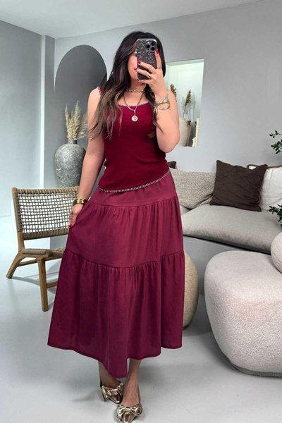 Bordo Beli Lastikli Uzun Kloş Etek