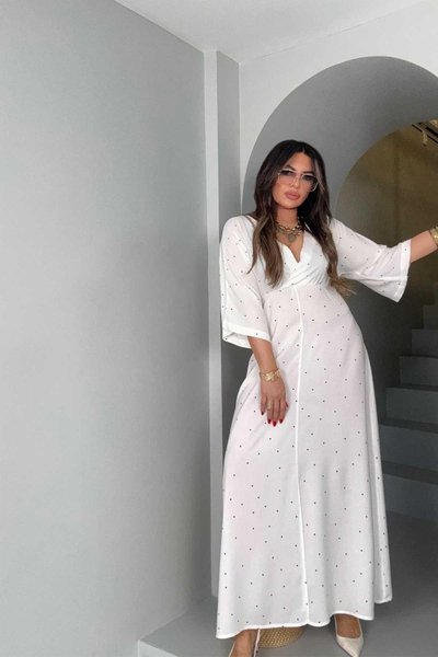 Ecru Wrap Neck Batwing Sleeve Long Dress