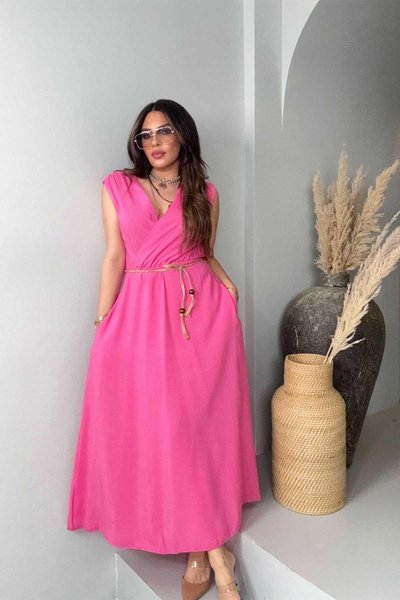 Pembe Kruvaze Hasır Örme İp Detay Uzun Elbise
