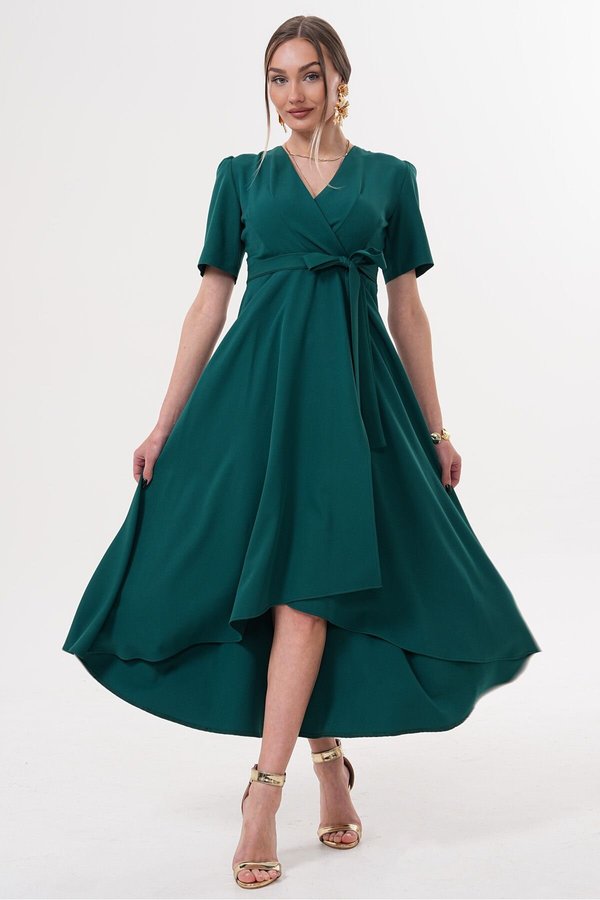 Emerald Green Asymmetric Wrap Short Sleeve Belted Graduation Midi Evening  Dress | RURIS