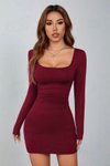 Bordo Kare Yaka Uzun Kollu Likralı Mini Elbise