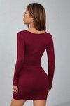 Bordo Kare Yaka Uzun Kollu Likralı Mini Elbise