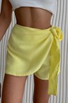 Sarı Keten Bağlamalı Yüksek Bel Mini Şort Etek Yazlık