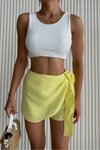 Sarı Keten Bağlamalı Yüksek Bel Mini Şort Etek Yazlık