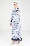 Lacivert Beyaz Batik Desenli Tesettür Elbise