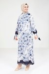 Lacivert Beyaz Batik Desenli Tesettür Elbise