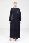 Navy Satin Trim Navy Abaya 9203