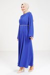 Saks Mavi Taş Kemerli Tesettür Elbise