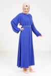 Saks Mavi Taş Kemerli Tesettür Elbise