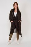 Koyu Kahve Oversize İpek Detaylı Uzun Hırka