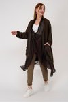 Koyu Kahve Oversize İpek Detaylı Uzun Hırka