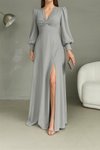 Gri Krep Kumaş Önü Düğüm Detay Uzun Kollu Çift Yırtmaçlı Abiye Elbise