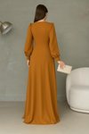 Hardal Krep Kumaş Önü Düğüm Detay Uzun Kollu Çift Yırtmaçlı Abiye Elbise