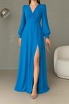 Mavi Abiye Elbise Düğüm Detaylı Çift Yırtmaçlı Uzun Kollu