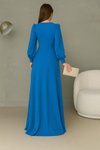 Mavi Abiye Elbise Düğüm Detaylı Çift Yırtmaçlı Uzun Kollu