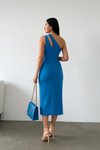 Mavi Tek Omuz Yırtmaç Kruvaze Krep Midi Elbise
