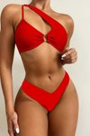 Kırmızı Tek Omuz Halka Detay Desteksiz Bikini Takım