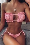 Pembe Brazilian Büzgülü Bağlamalı Straplez Bikini Takım