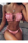 Pembe Brazilian Büzgülü Bağlamalı Straplez Bikini Takım