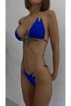 Saks Mavi Altın Zincir Askılı Üçgen Bikini Takım