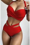 Kırmızı Çapraz Kesim Destekli Bikini Takımı Tel Balen