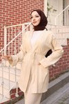 Bej Cep Detaylı Tesettür Kimono Takım
