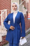 Cep Detaylı İndigo Tesettür Kimono Takım