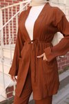 Kahverengi Cepli Tesettür Kimono Takım
