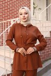 Kahverengi Ribana Detaylı Tesettür Takım – Hoodie ve Pantolon 2'li Kombin