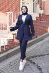 Lacivert Cep Detaylı Tesettür Kimono Takım