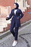 Lacivert Cep Detaylı Tesettür Kimono Takım