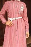 Bordo Çizgili Nakışlı Tesettür Tunik Pantolon Takım