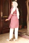 Bordo Çizgili Nakışlı Tesettür Tunik Pantolon Takım
