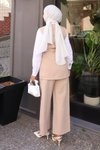 Tesettür Bej Kemerli Yelek Pantolon Takım