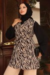 Tesettür Bej Zebra Desenli Yelek Pantolon Takım