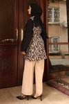 Tesettür Bej Zebra Desenli Yelek Pantolon Takım