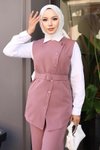 Tesettür Gül Kurusu Kemerli Yelek Pantolon Takım