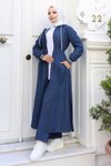 Tesettür Denim Set Dark Blue Hooded Elastic Waist