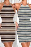 İkili Paket Çizgili Triko Halter Yaka Mini Elbise Seti