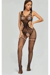Siyah Fileli Açık Kasık Bodystocking