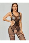 Siyah Fileli Açık Kasık Bodystocking